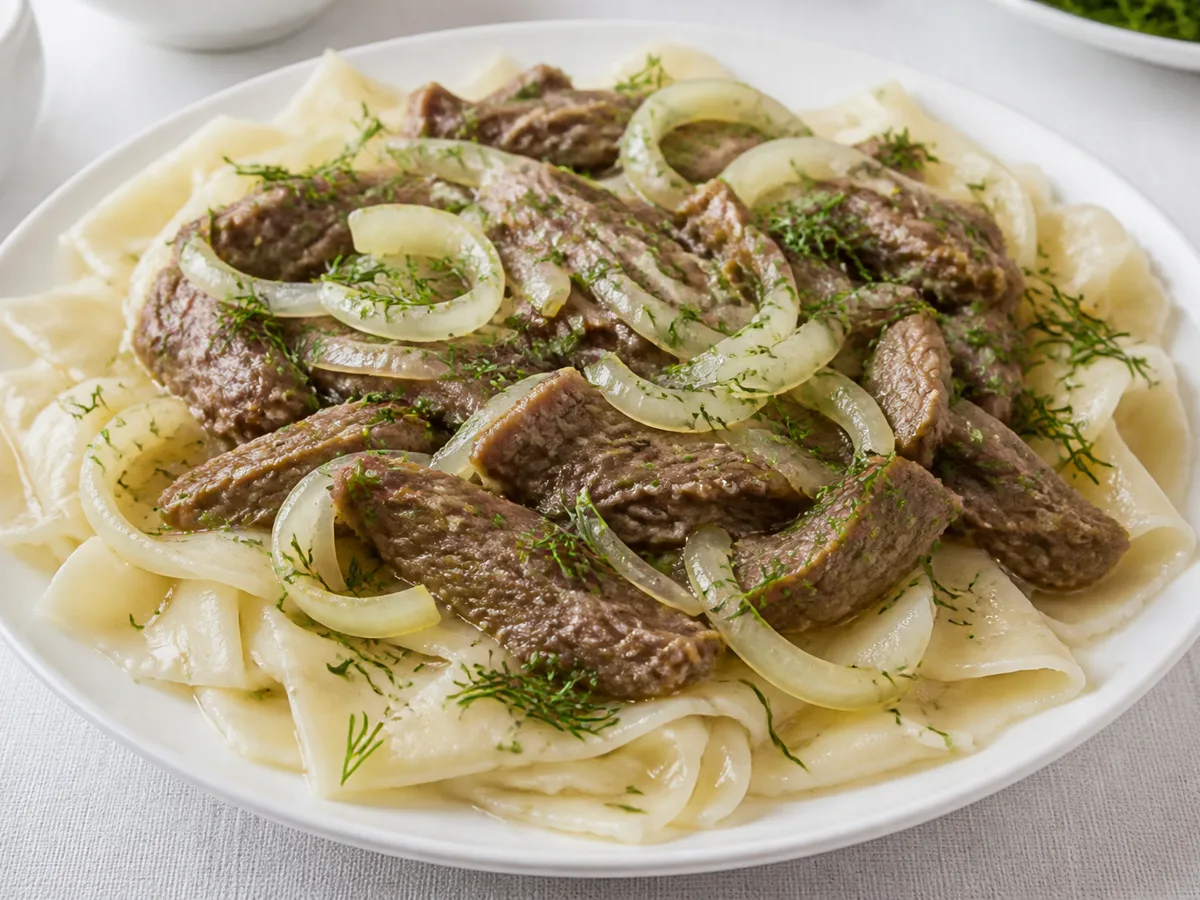Говядина с лапшой и луком