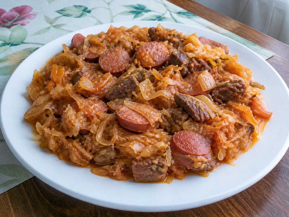Капуста с колбасой и мясом