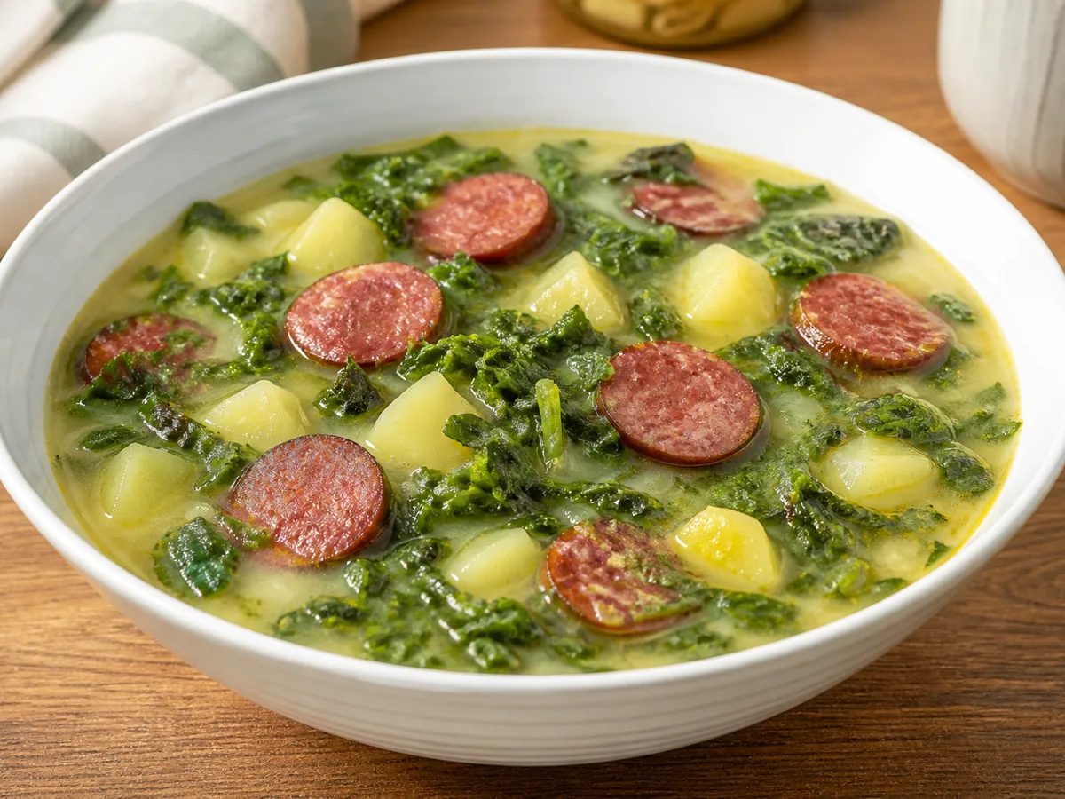 Картофельный суп с зеленью и колбасками