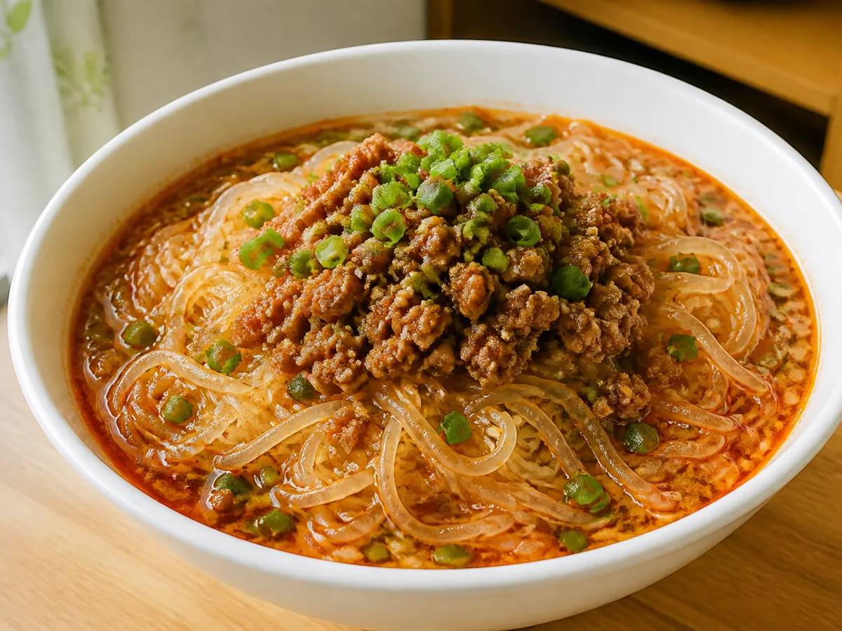 Фунчоза с фаршем и кунжутной пастой