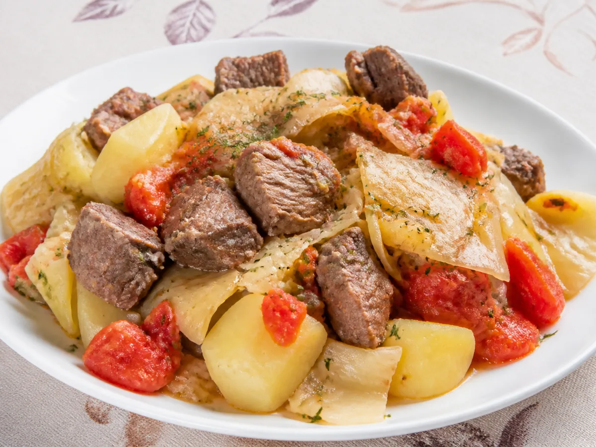 Говядина с капустой и картошкой слоями