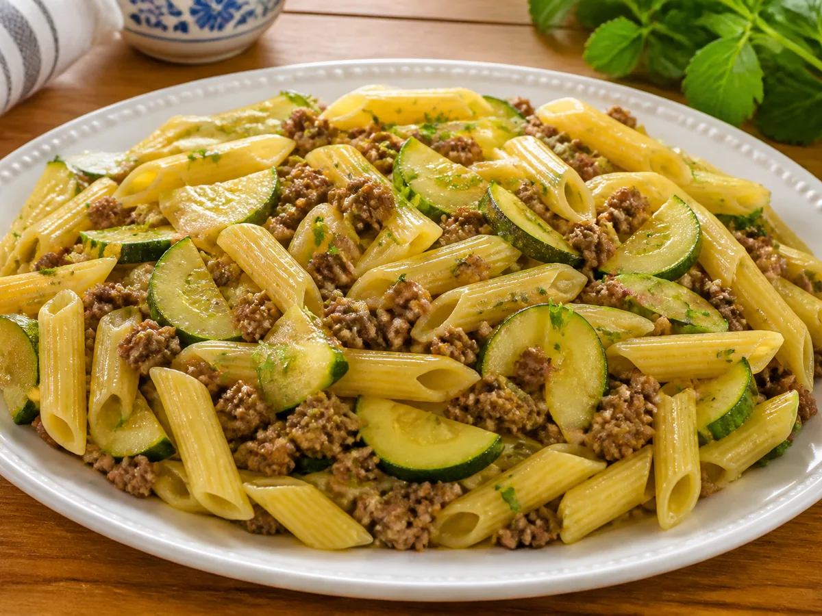 Макароны с фаршем и кабачком