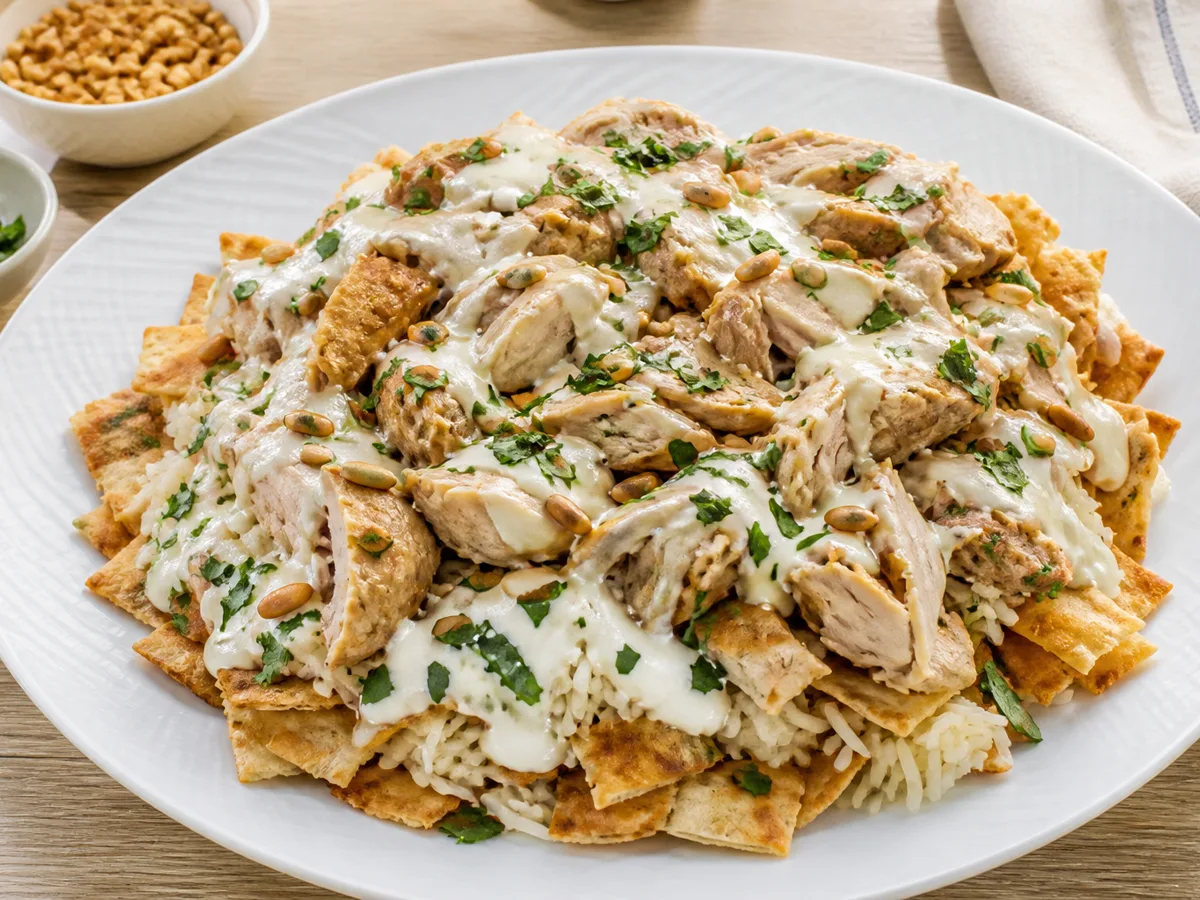 Курица с рисом, хлебом и йогуртом