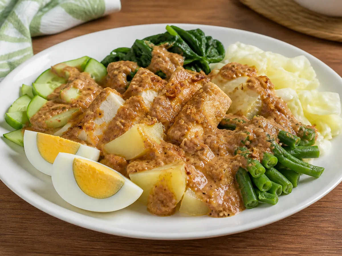 Овощи с арахисовым соусом и яйцом