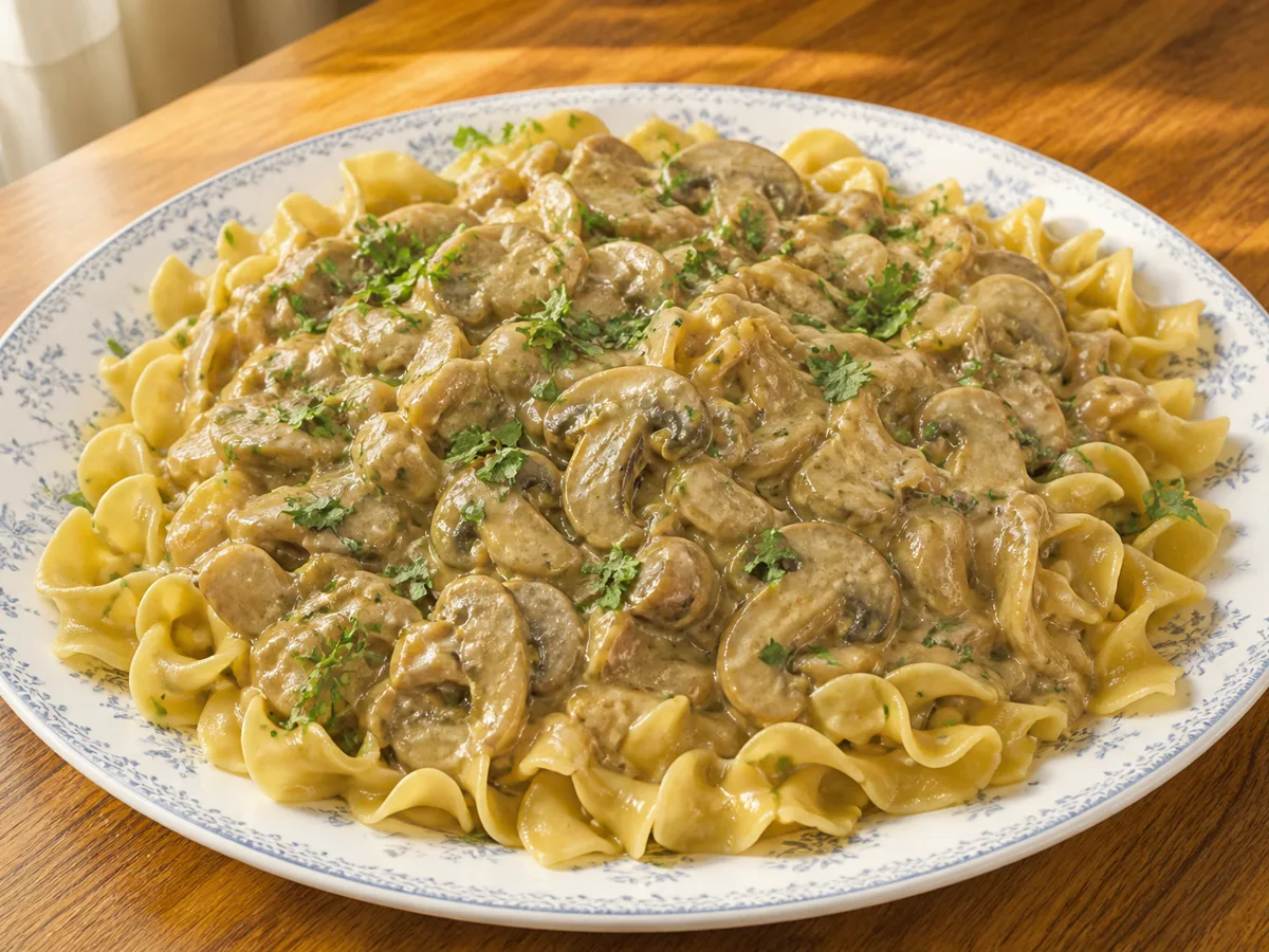 Грибы в сметане с макаронами