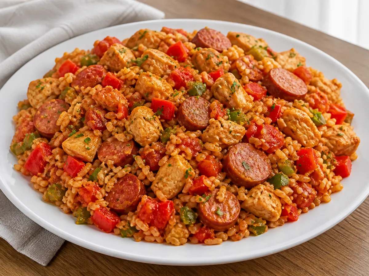 Рис с колбасками и курицей