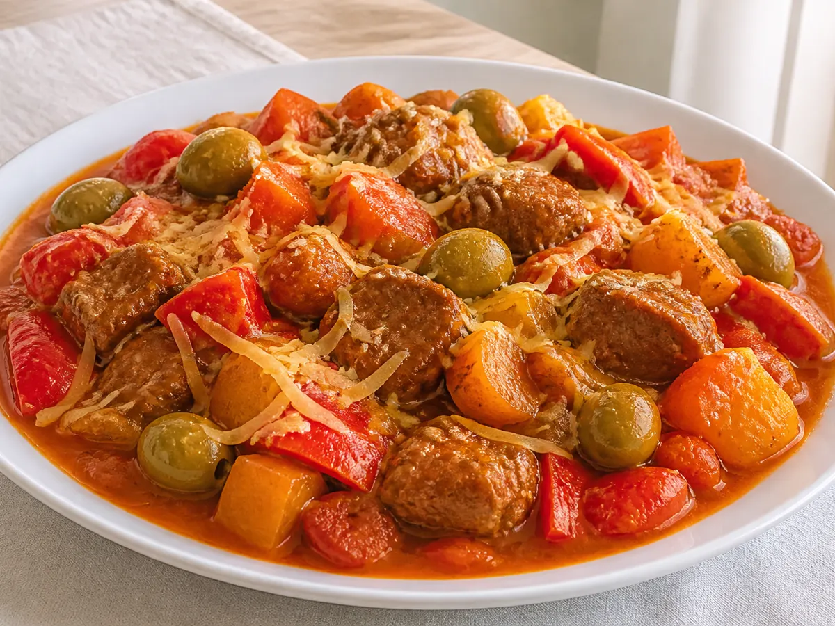 Говядина с перцем, оливками и сыром