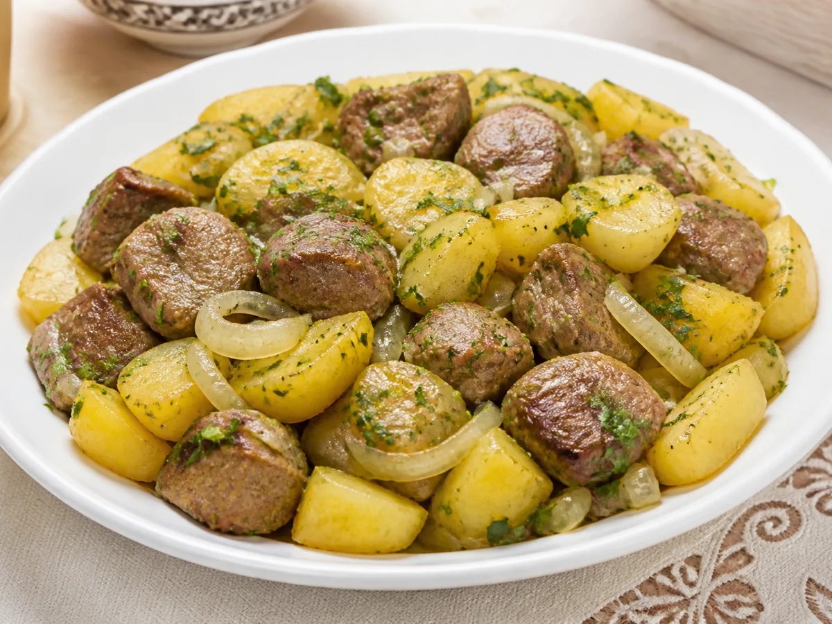 Жареная говядина с луком и картошкой