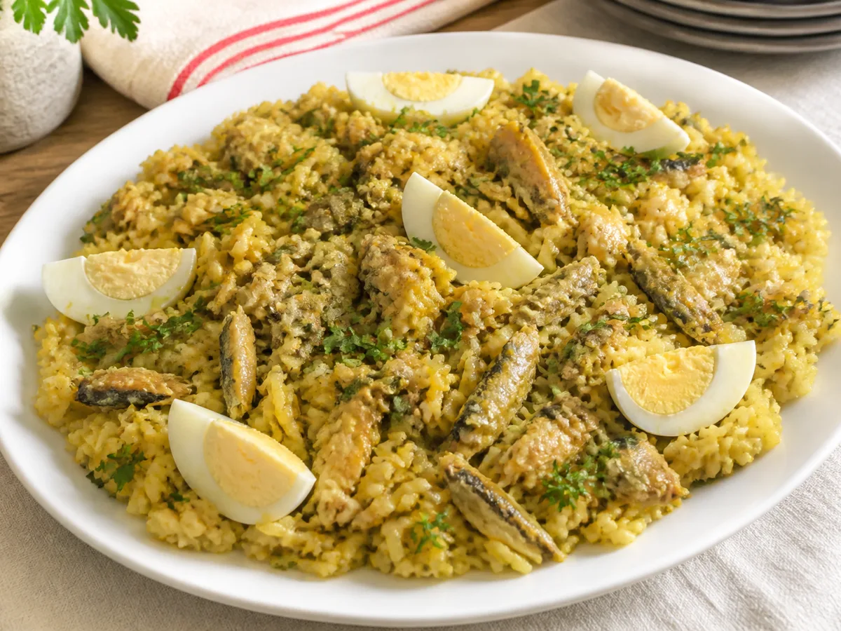 Рис с рыбой, яйцом и карри