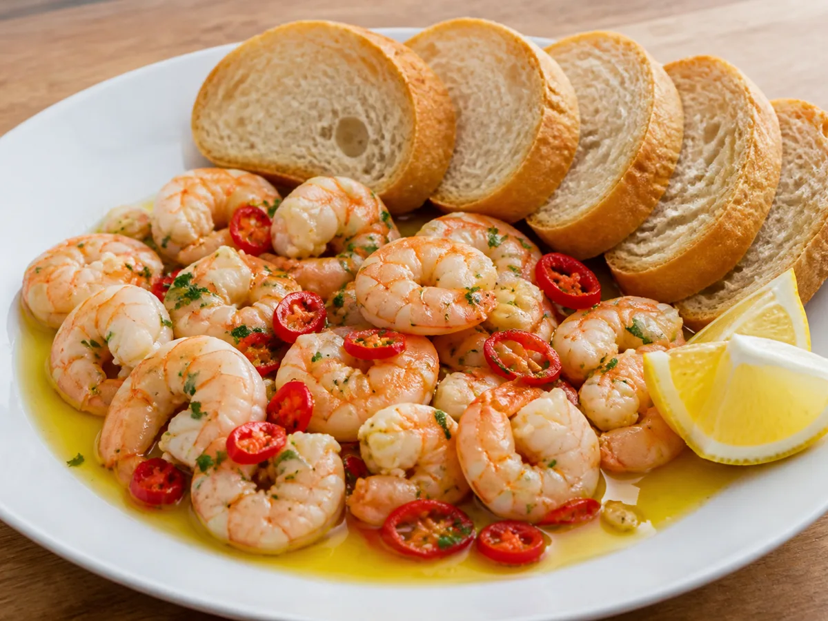 Креветки с чесноком и хлебом