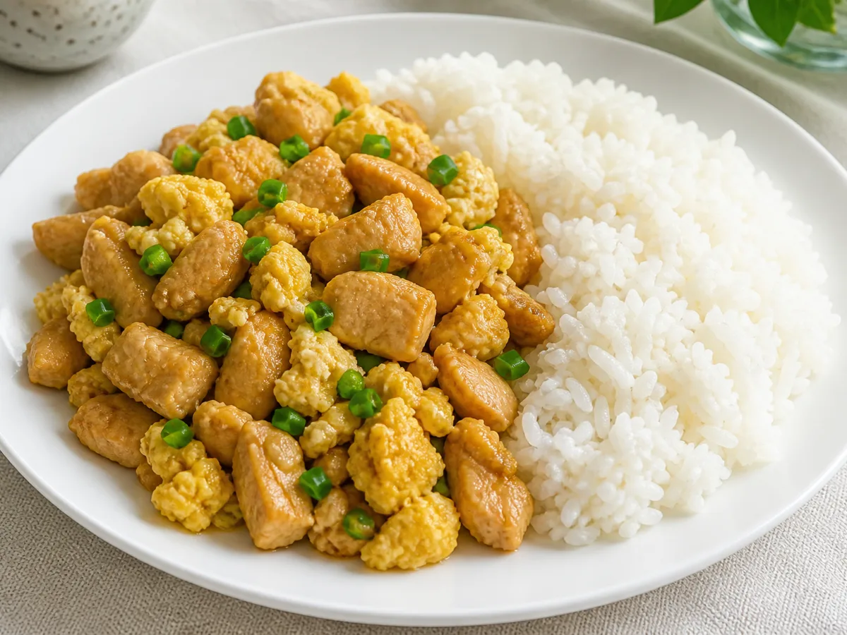 Курица с яйцом на рисе
