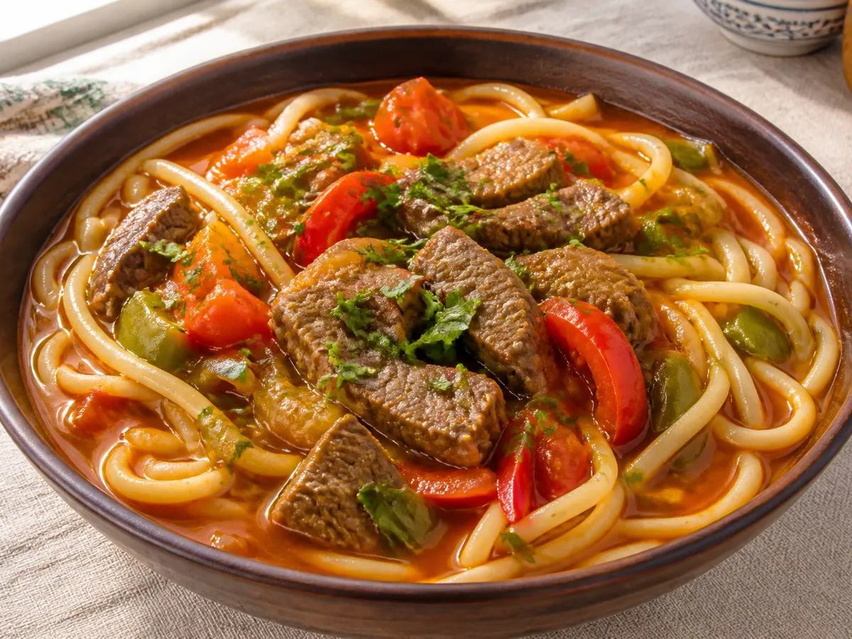 Лапша с говядиной и перцем