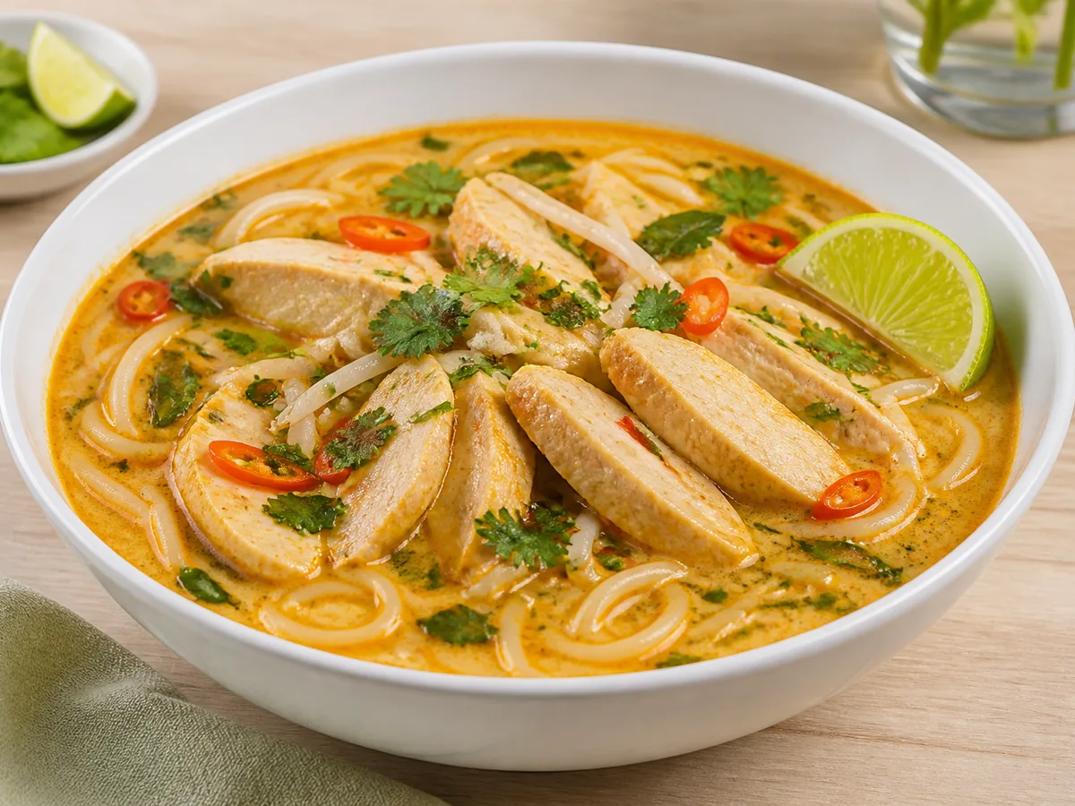 Суп с курицей, кокосом и лапшой