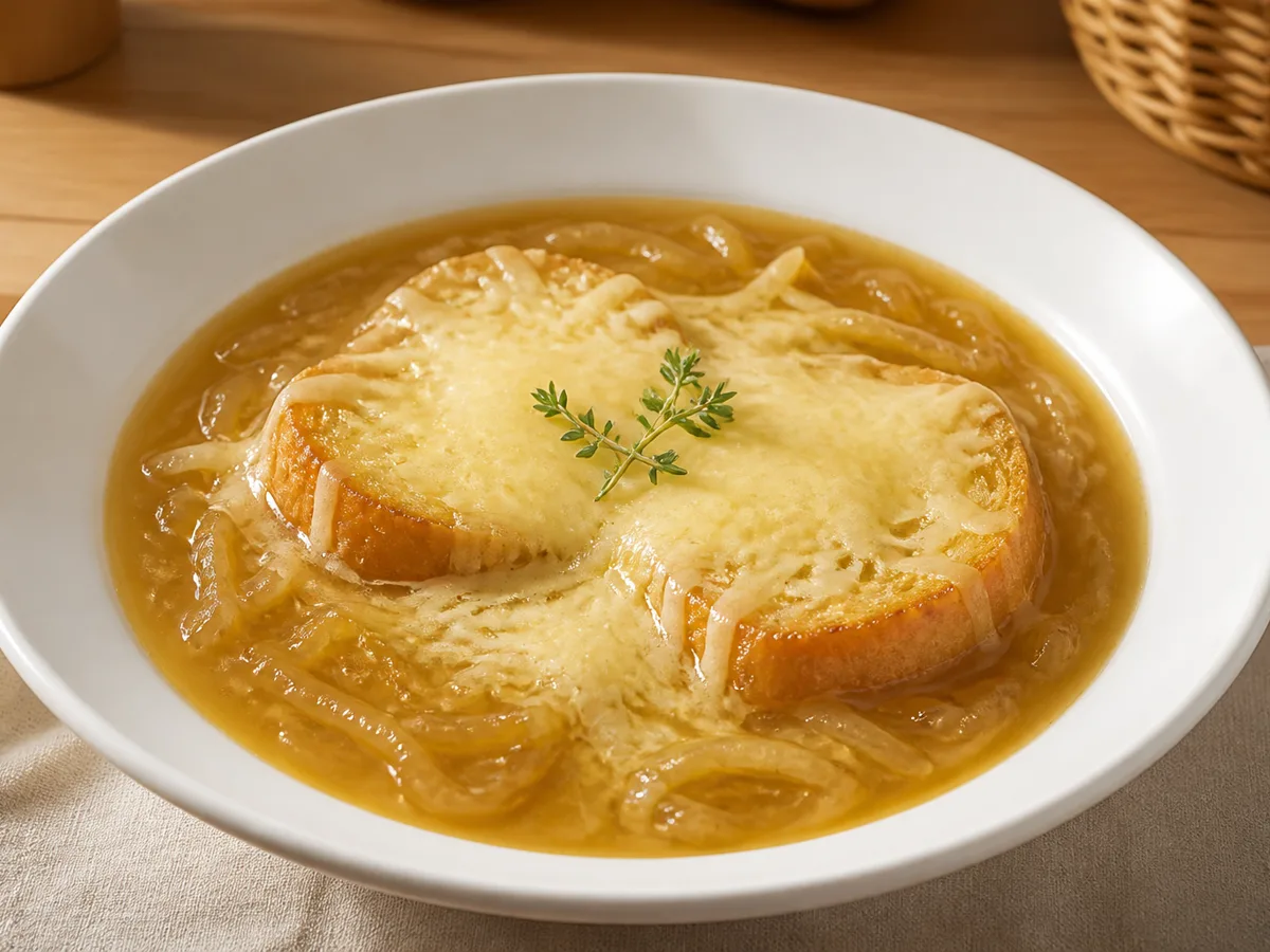 Суп из лука с сыром и хлебом