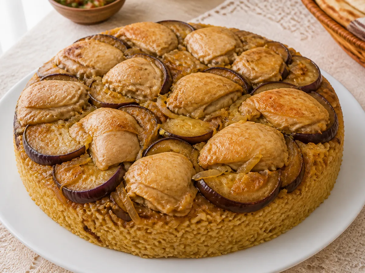 Рис с курицей и баклажаном слоями