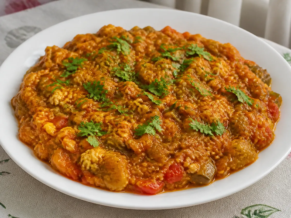 Баклажан с помидорами и яйцом