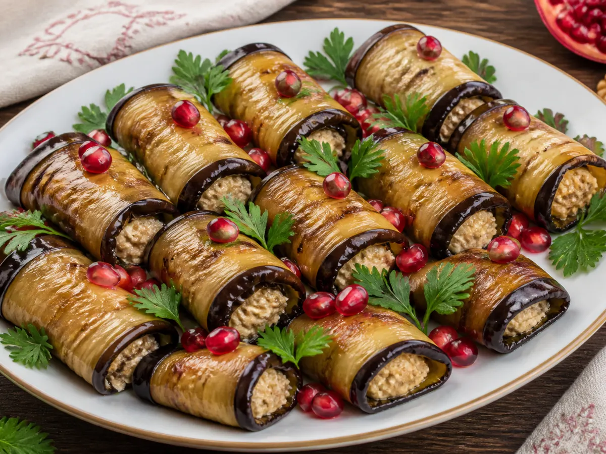 Рулетики из баклажана с орехами