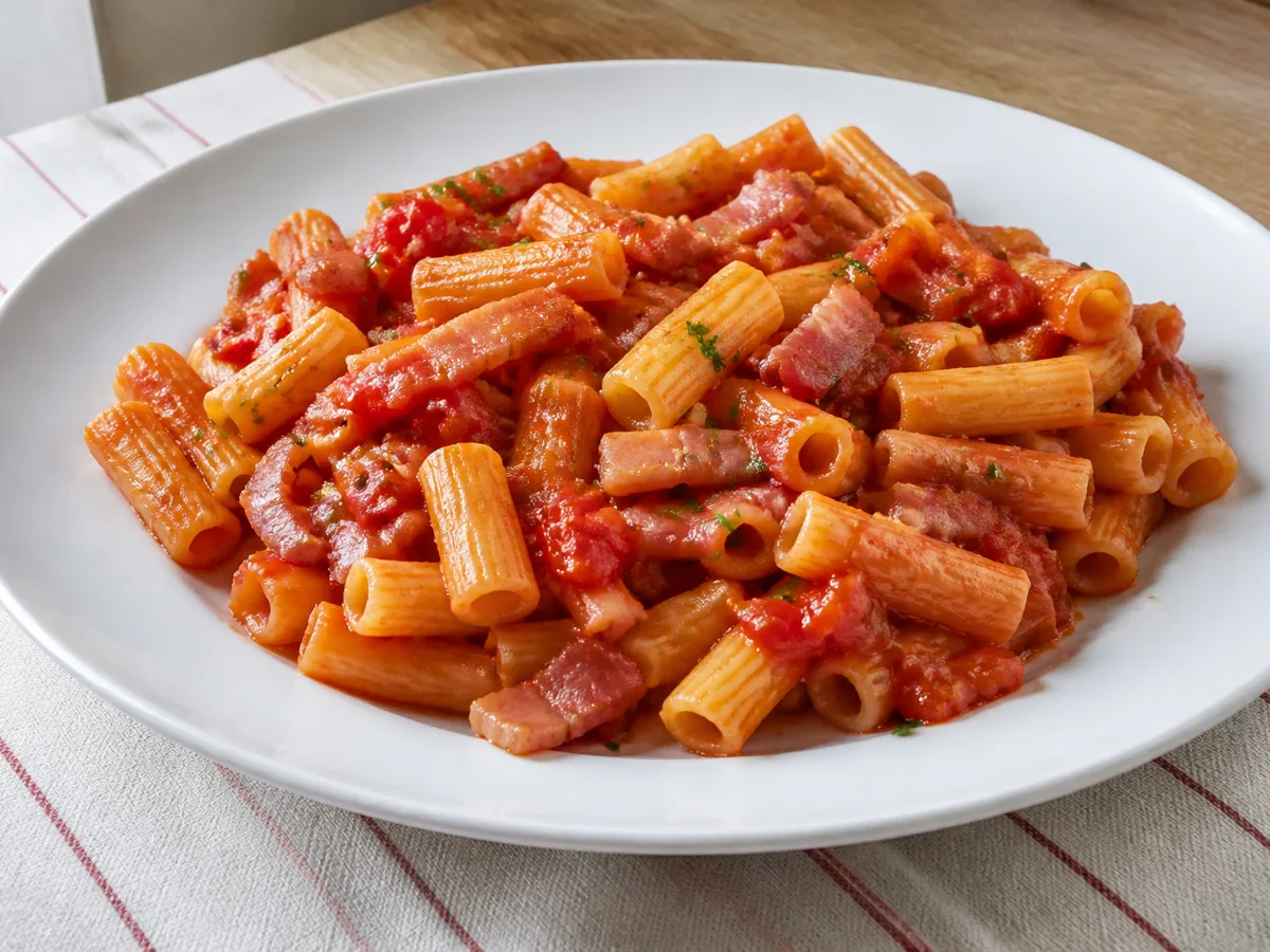 Макароны с беконом и томатами
