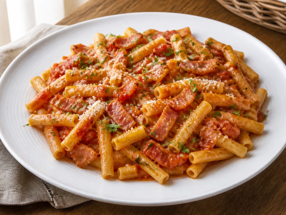 Макароны с беконом и томатами