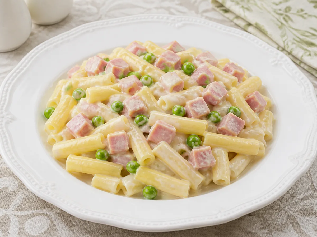 Макароны с ветчиной и горошком