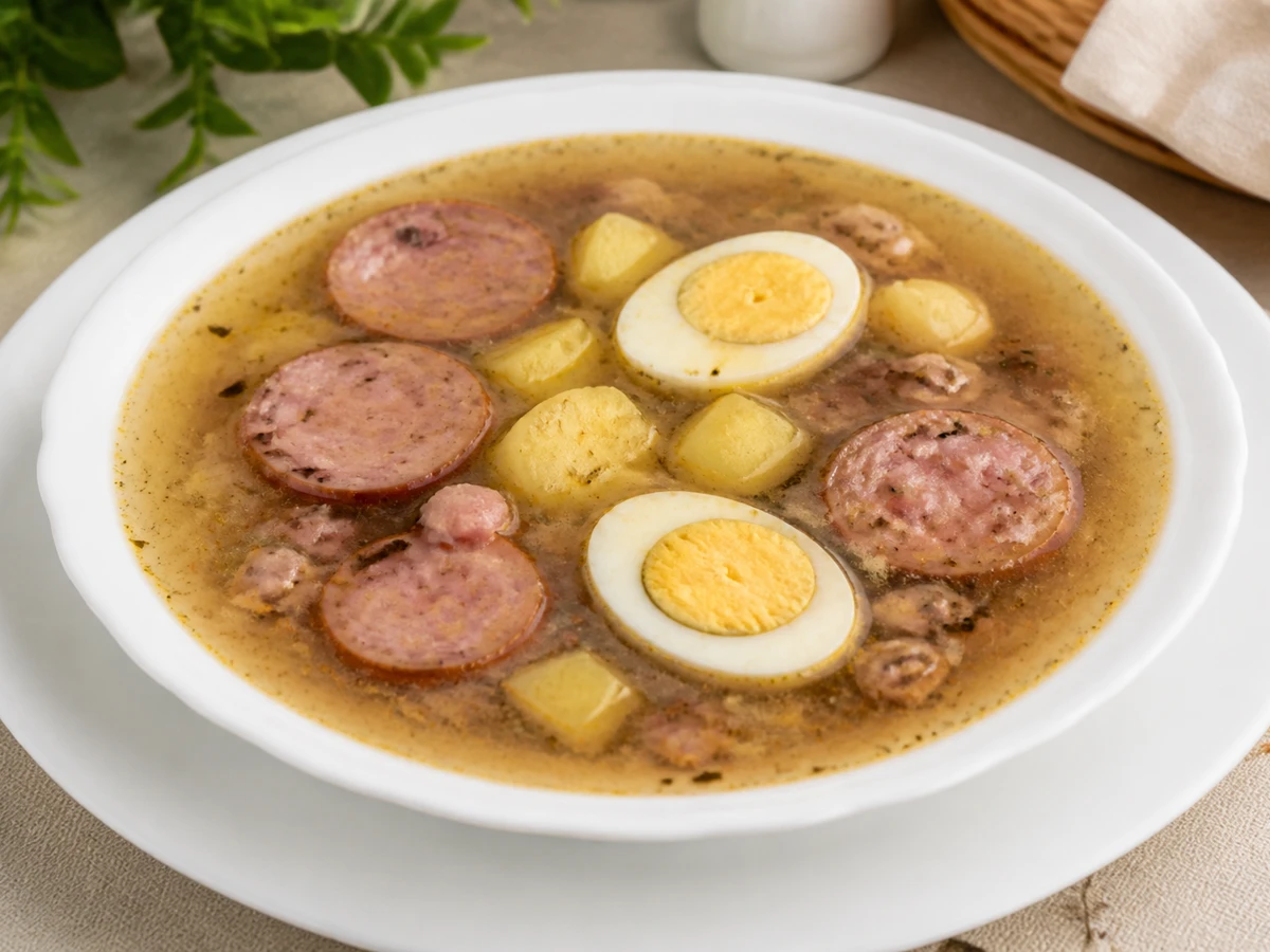 Кислый суп с колбасками и яйцом